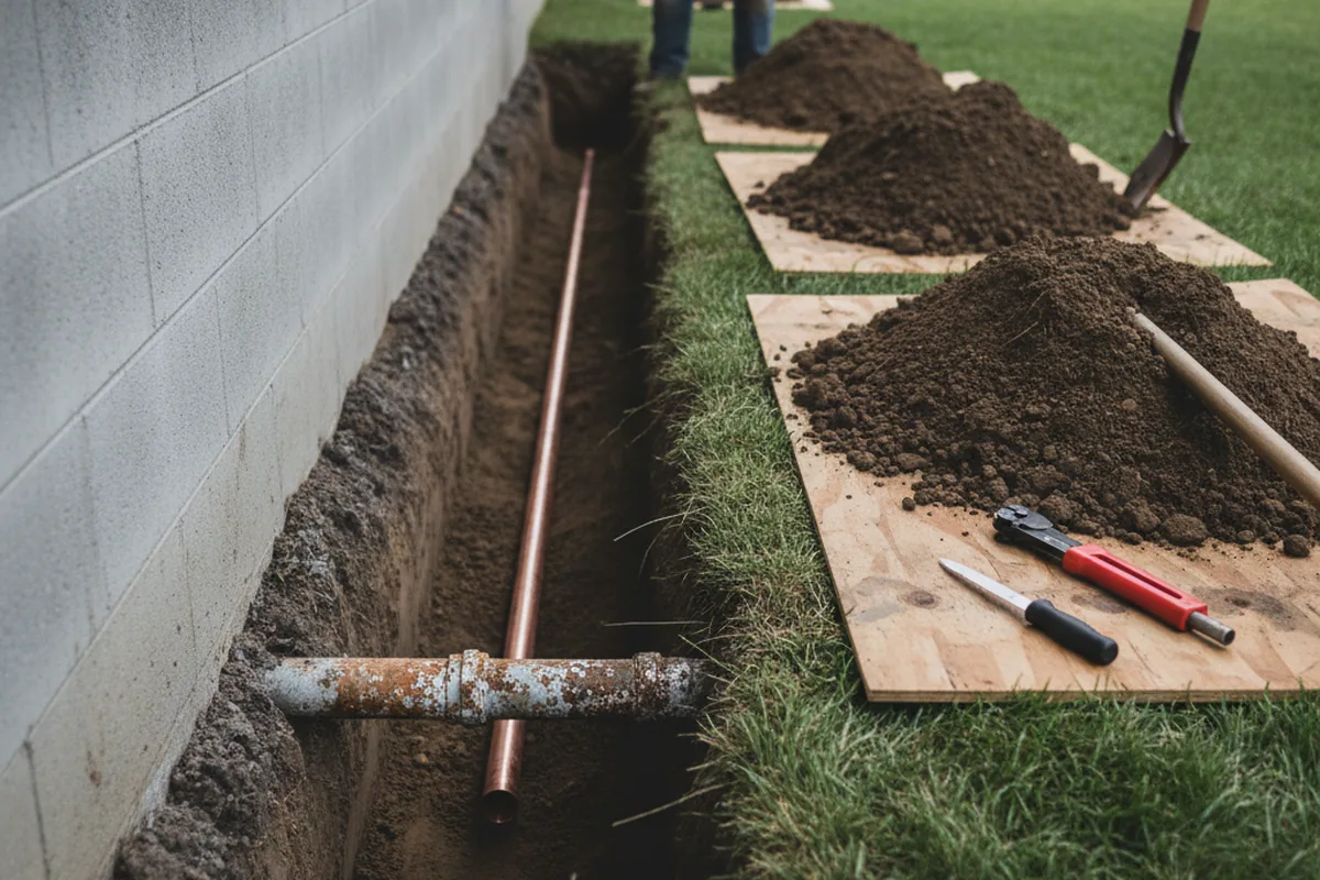 Excavated water line trench during Water Heater Repair in Randolph